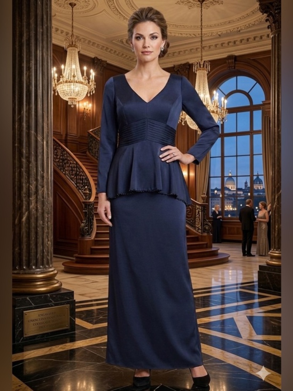 Vtg Searavelli Womens 8 Long Sleeve Navy Blue Beaded Silk Chiffon Formal Dress M